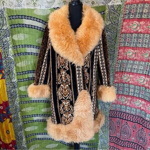 Vtg 1960's Country Pacer Multicolored Tapestry Faux Fur Penny Lane Coat Size S/M
